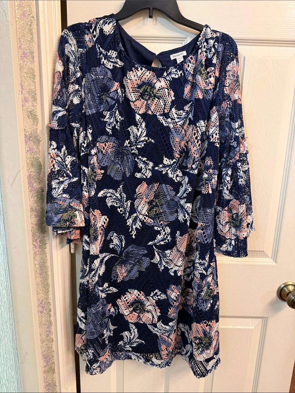 NY Collection Navy Floral Lace Midi Dress with Pink Accents